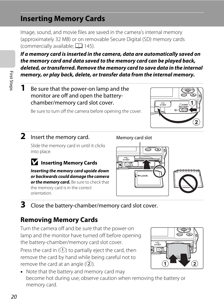 Inserting memory cards, Removing memory cards | Nortel Networks COOLPIX S5100 User Manual | Page 32 / 180