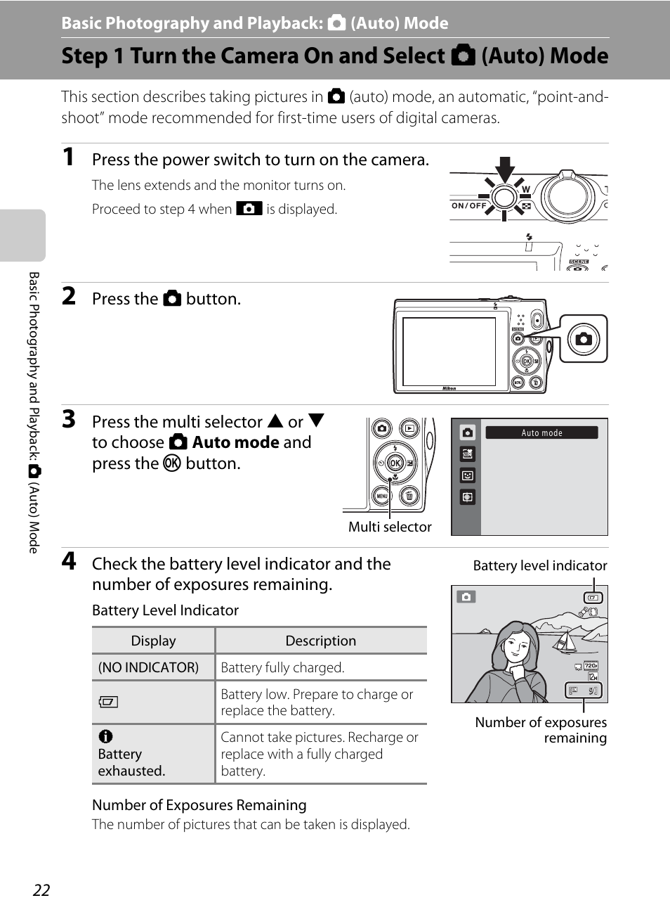 Basic photography and playback: auto mode, Step 1 turn the camera on and select auto mode, Basic photography and playback: a (auto) mode | Step 1 turn the camera on and select a (auto) mode | Nortel Networks COOLPIX S5100 User Manual | Page 34 / 180