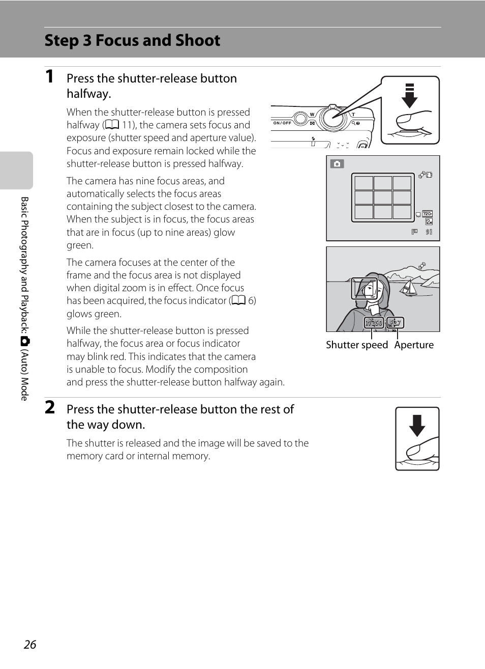 Step 3 focus and shoot, Press the shutter-release button halfway | Nortel Networks COOLPIX S5100 User Manual | Page 38 / 180