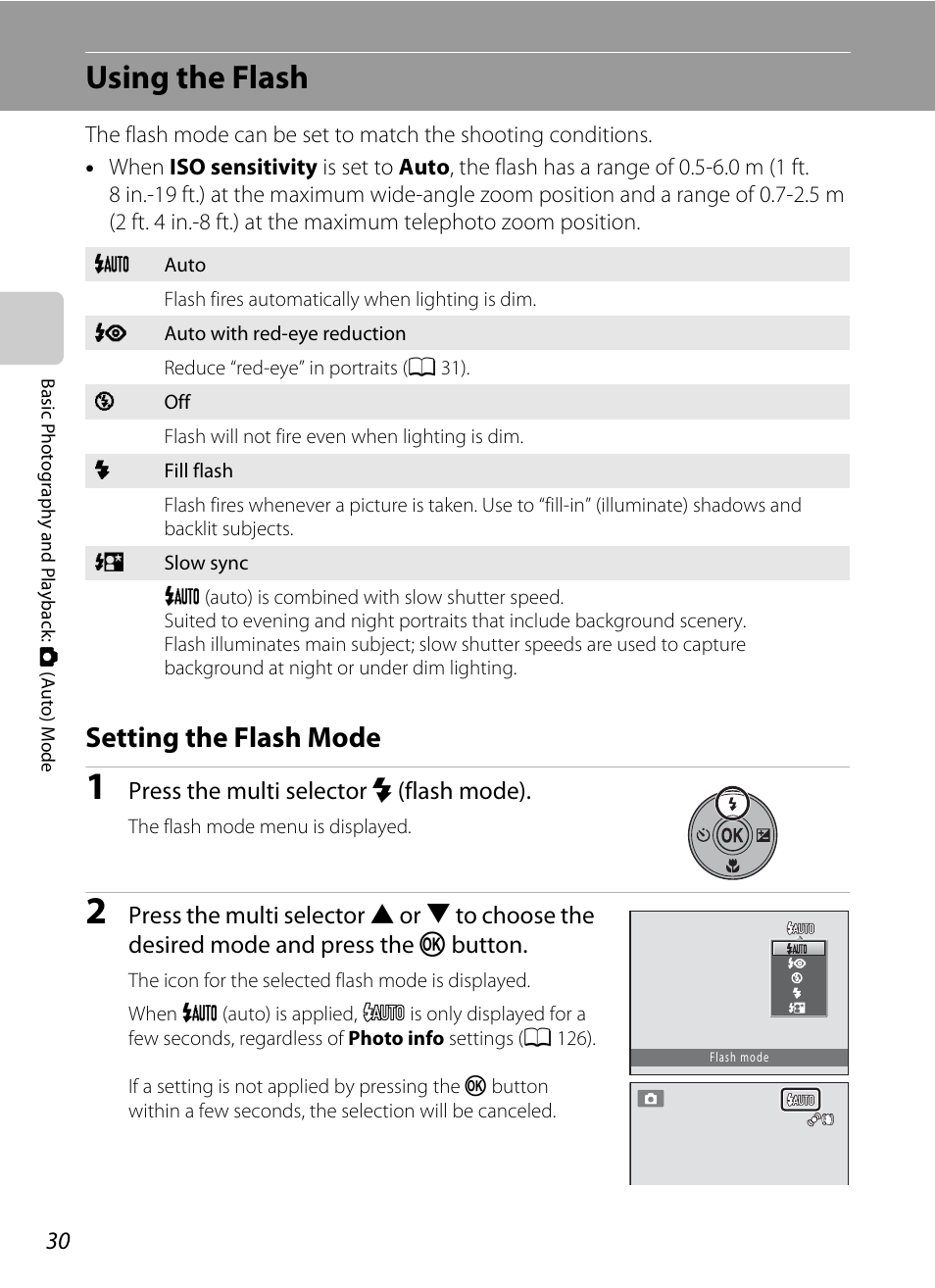 Using the flash, Setting the flash mode, A 30) | A 30) ca | Nortel Networks COOLPIX S5100 User Manual | Page 42 / 180