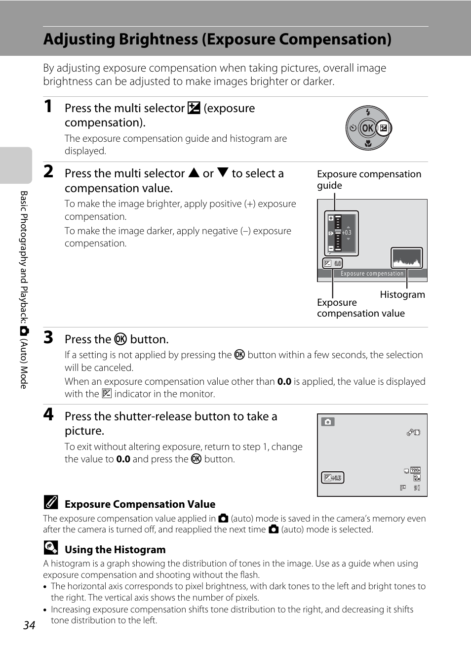 Adjusting brightness (exposure compensation), A 34), A 34) can be applie | Nortel Networks COOLPIX S5100 User Manual | Page 46 / 180