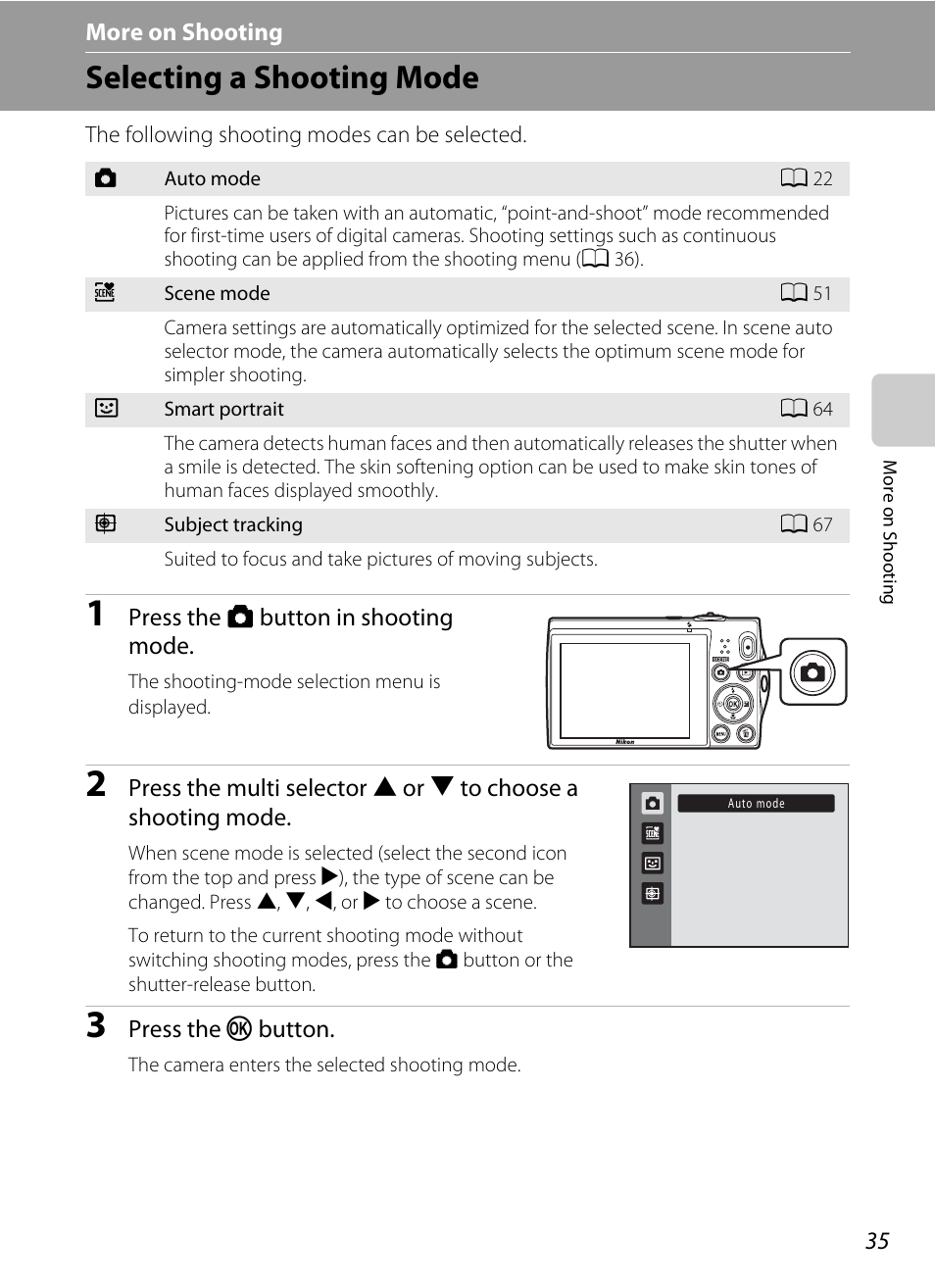 More on shooting, Selecting a shooting mode, Menu) | A 35) | Nortel Networks COOLPIX S5100 User Manual | Page 47 / 180