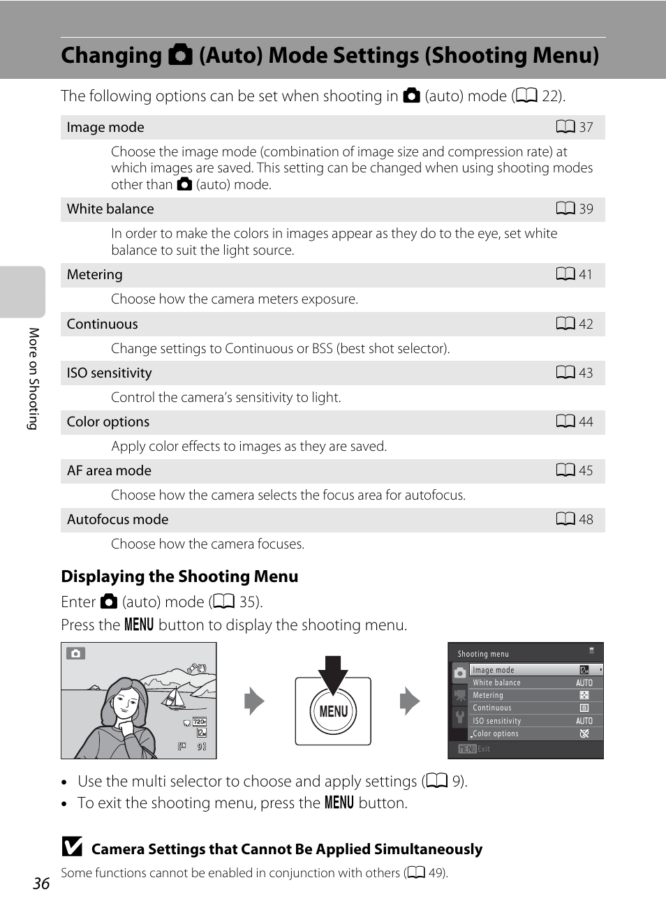 Changing auto mode settings (shooting menu), Changing a (auto) mode settings (shooting menu), A 36 | A 36), Displaying the shooting menu | Nortel Networks COOLPIX S5100 User Manual | Page 48 / 180