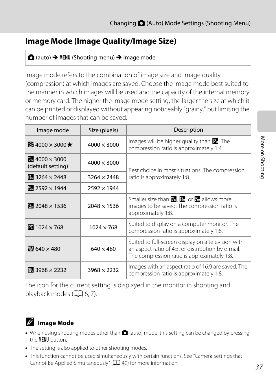 Image mode (image quality/image size), A 37) a, A 37 | Nortel Networks COOLPIX S5100 User Manual | Page 49 / 180