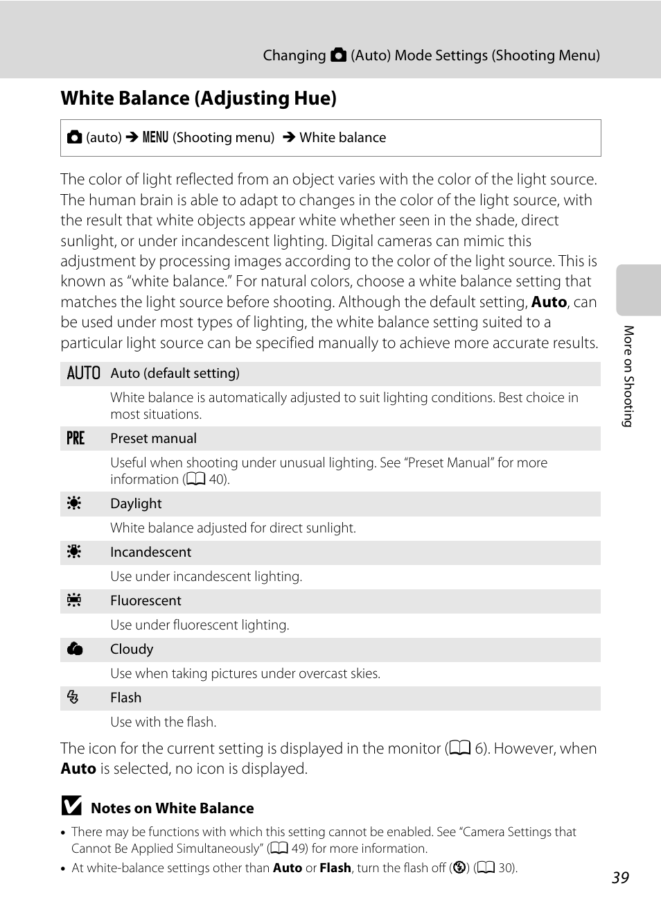 White balance (adjusting hue), A 39 | Nortel Networks COOLPIX S5100 User Manual | Page 51 / 180