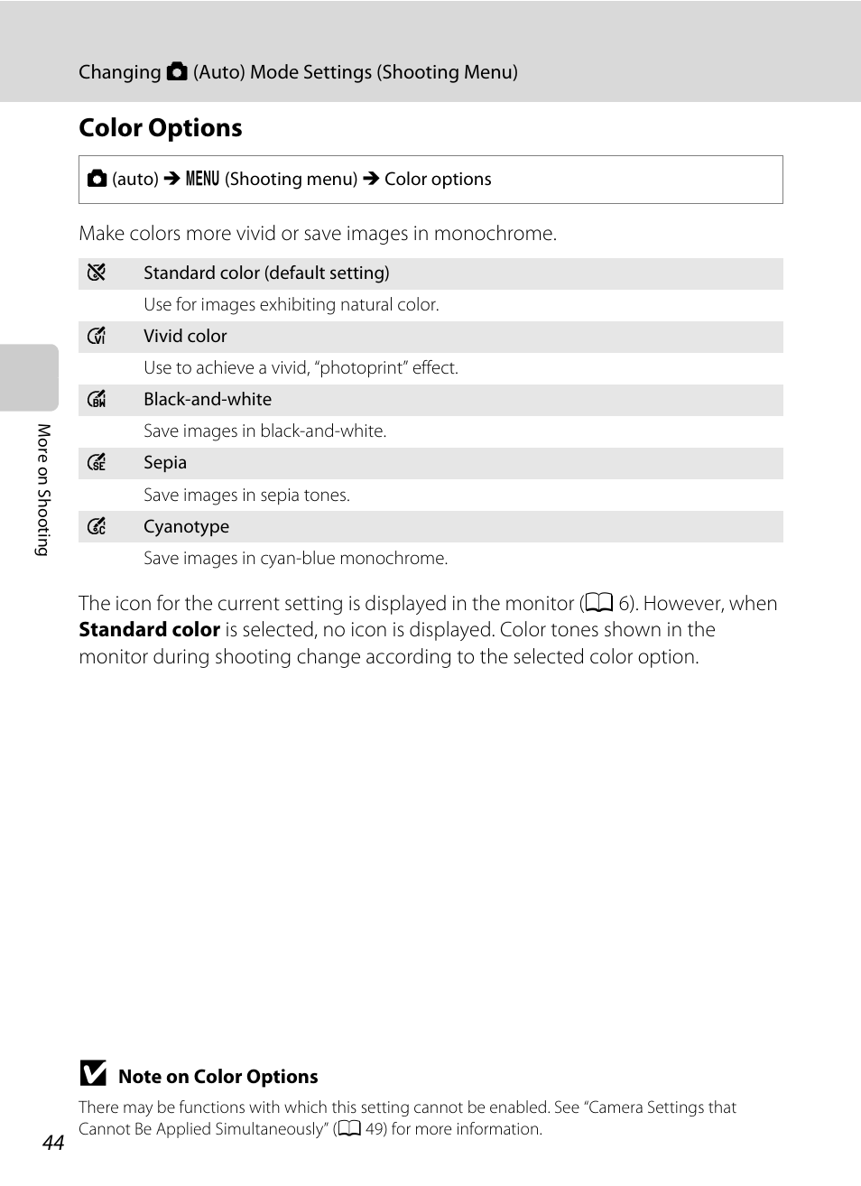 Color options, A 44 | Nortel Networks COOLPIX S5100 User Manual | Page 56 / 180