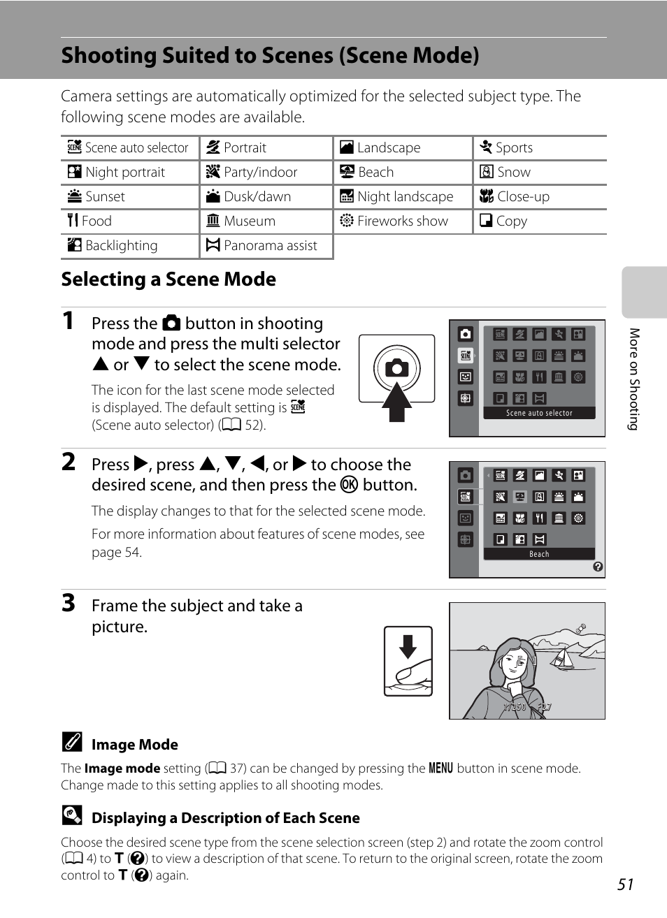 Shooting suited to scenes (scene mode), Selecting a scene mode, A 51 | Nortel Networks COOLPIX S5100 User Manual | Page 63 / 180