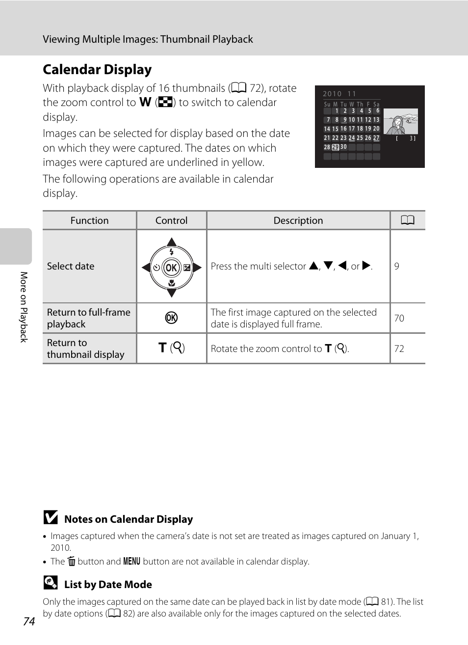 Calendar display, A 74), and ima, G (i) | Nortel Networks COOLPIX S5100 User Manual | Page 86 / 180