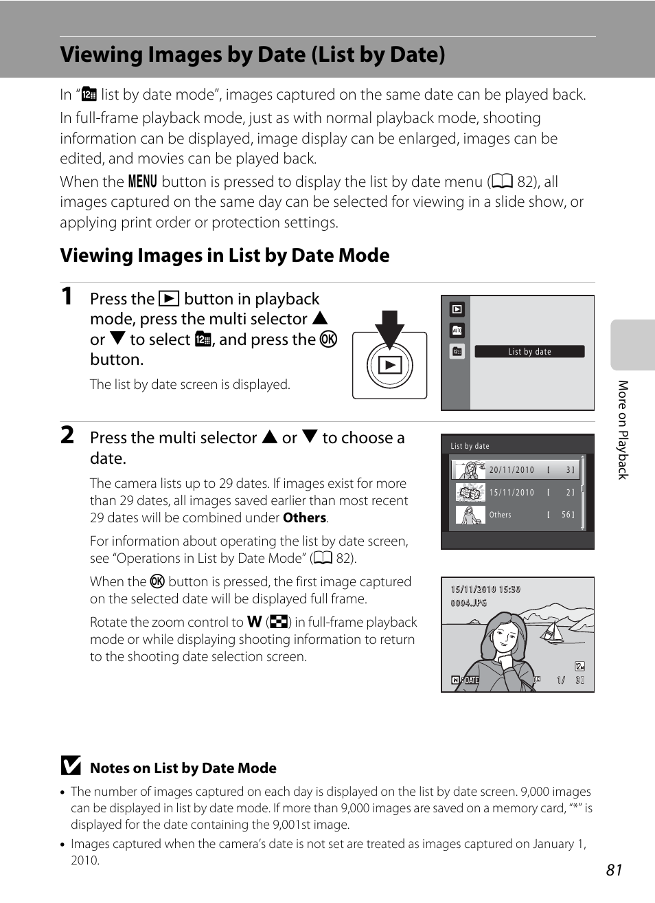 Viewing images by date (list by date), Viewing images in list by date mode, A 81 | A 81). the li, A 81), Press the multi selector h or i to choose a date | Nortel Networks COOLPIX S5100 User Manual | Page 93 / 180