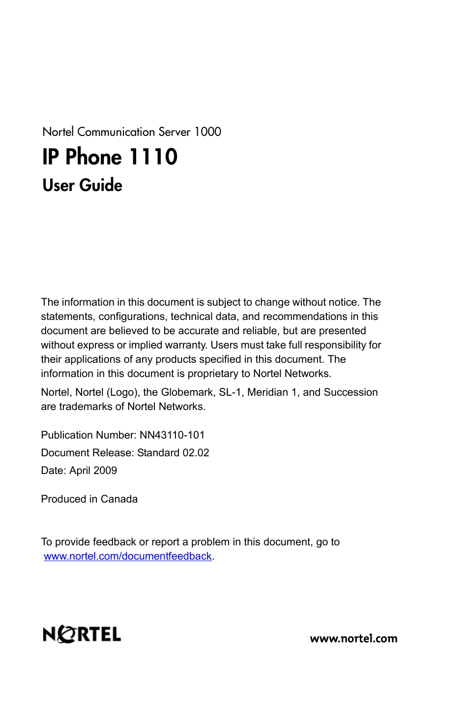 Ip phone 1110, Ip phone 1 1 1 0, N&rtel | User guide | Nortel Networks NN43110-101 User Manual | Page 114 / 114