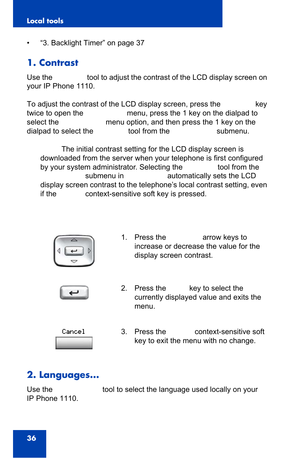 Contrast, Languages | Nortel Networks NN43110-101 User Manual | Page 36 / 114