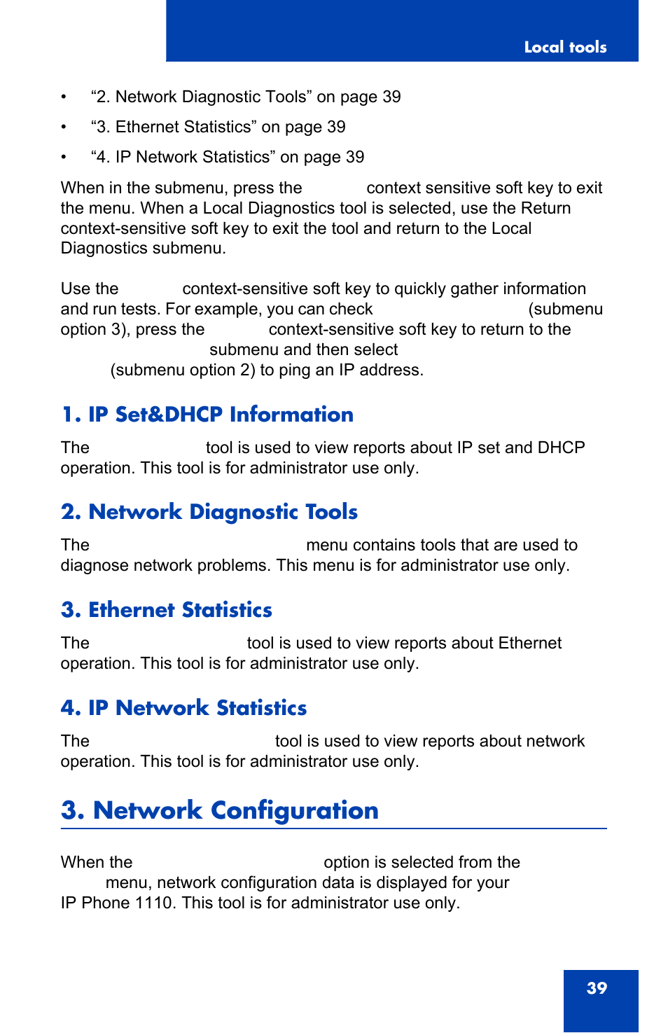 Network configuration (p. 39), Network configuration, Ip set&dhcp information | Network diagnostic tools, Ethernet statistics, Ip network statistics | Nortel Networks NN43110-101 User Manual | Page 39 / 114