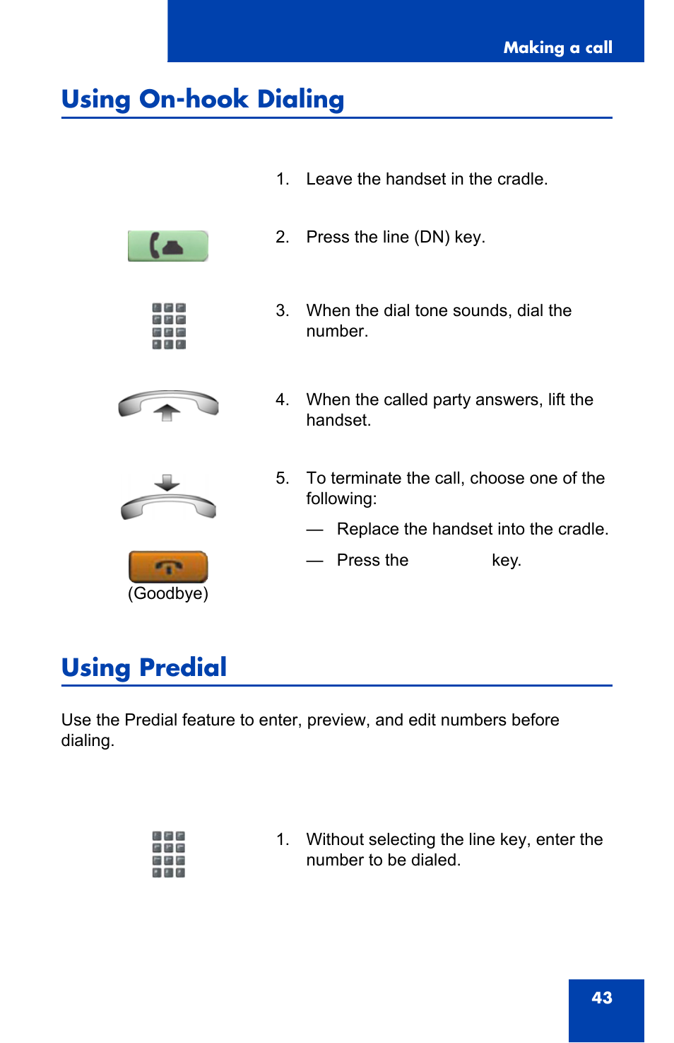 Using on-hook dialing, Using predial | Nortel Networks NN43110-101 User Manual | Page 43 / 114