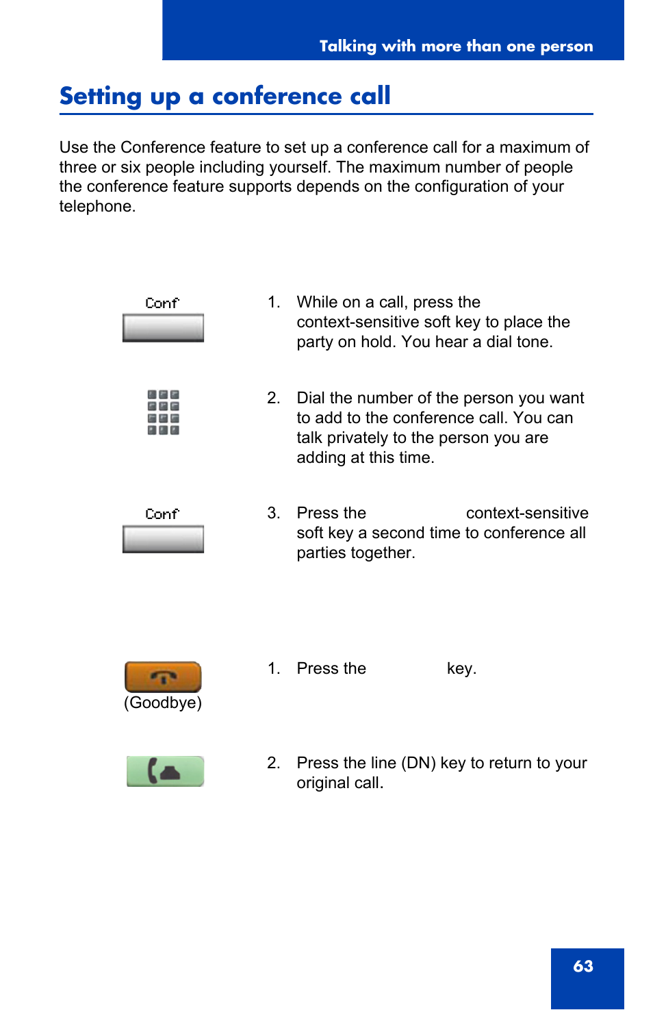 Setting up a conference call | Nortel Networks NN43110-101 User Manual | Page 63 / 114
