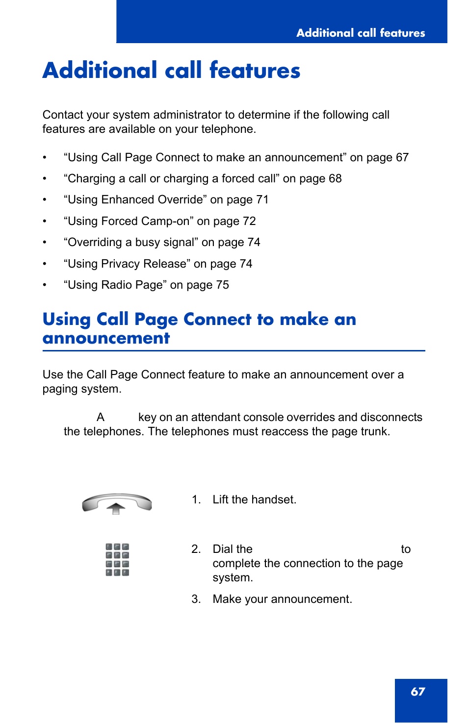 Additional call features, Using call page connect to make an announcement | Nortel Networks NN43110-101 User Manual | Page 67 / 114