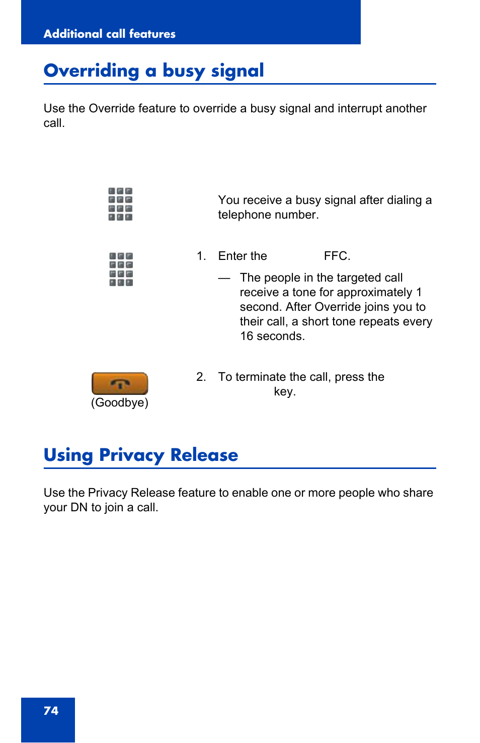 Overriding a busy signal, Using privacy release | Nortel Networks NN43110-101 User Manual | Page 74 / 114