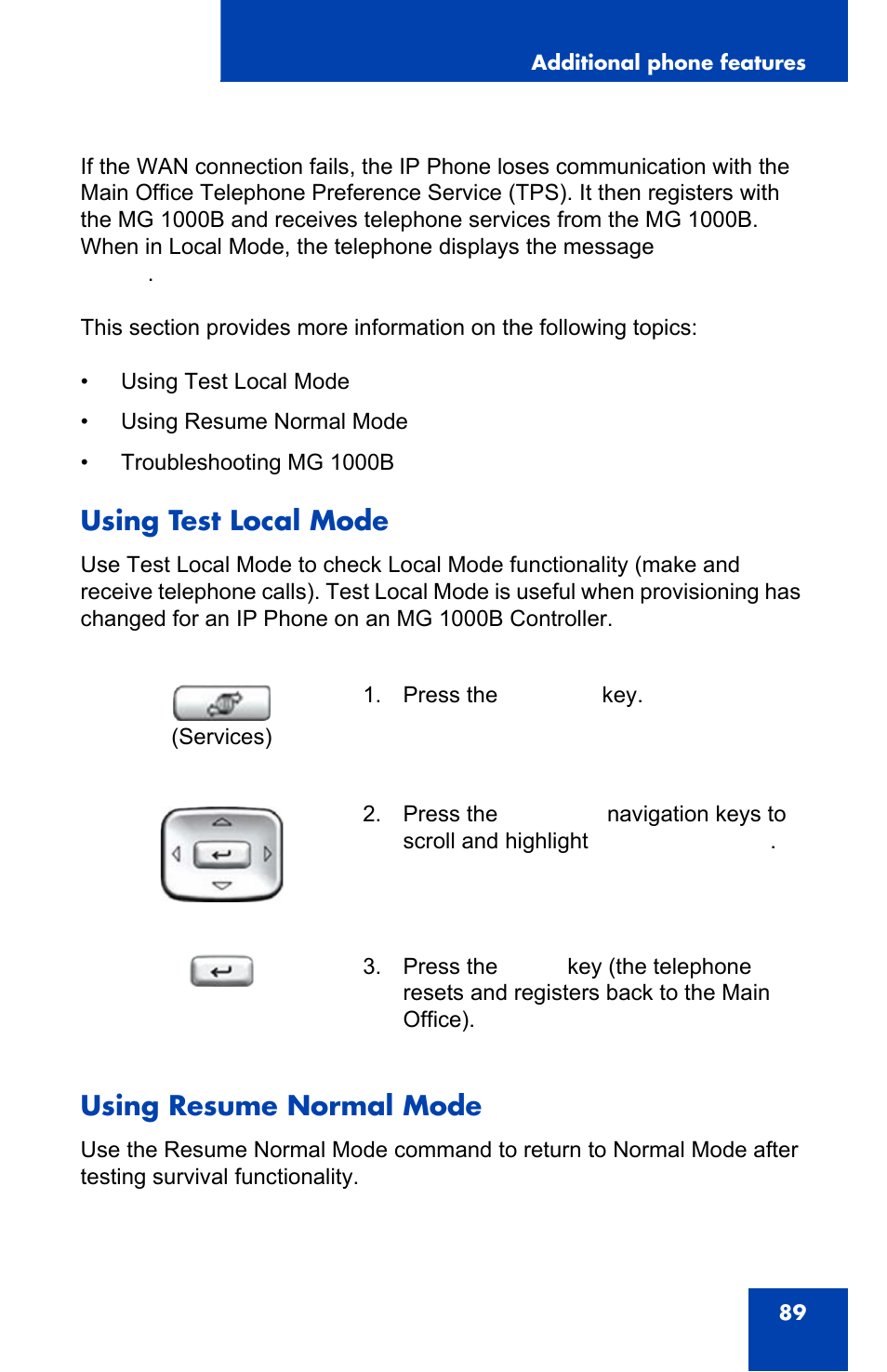 Using test local mode, Using resume normal mode | Nortel Networks NN43110-101 User Manual | Page 89 / 114