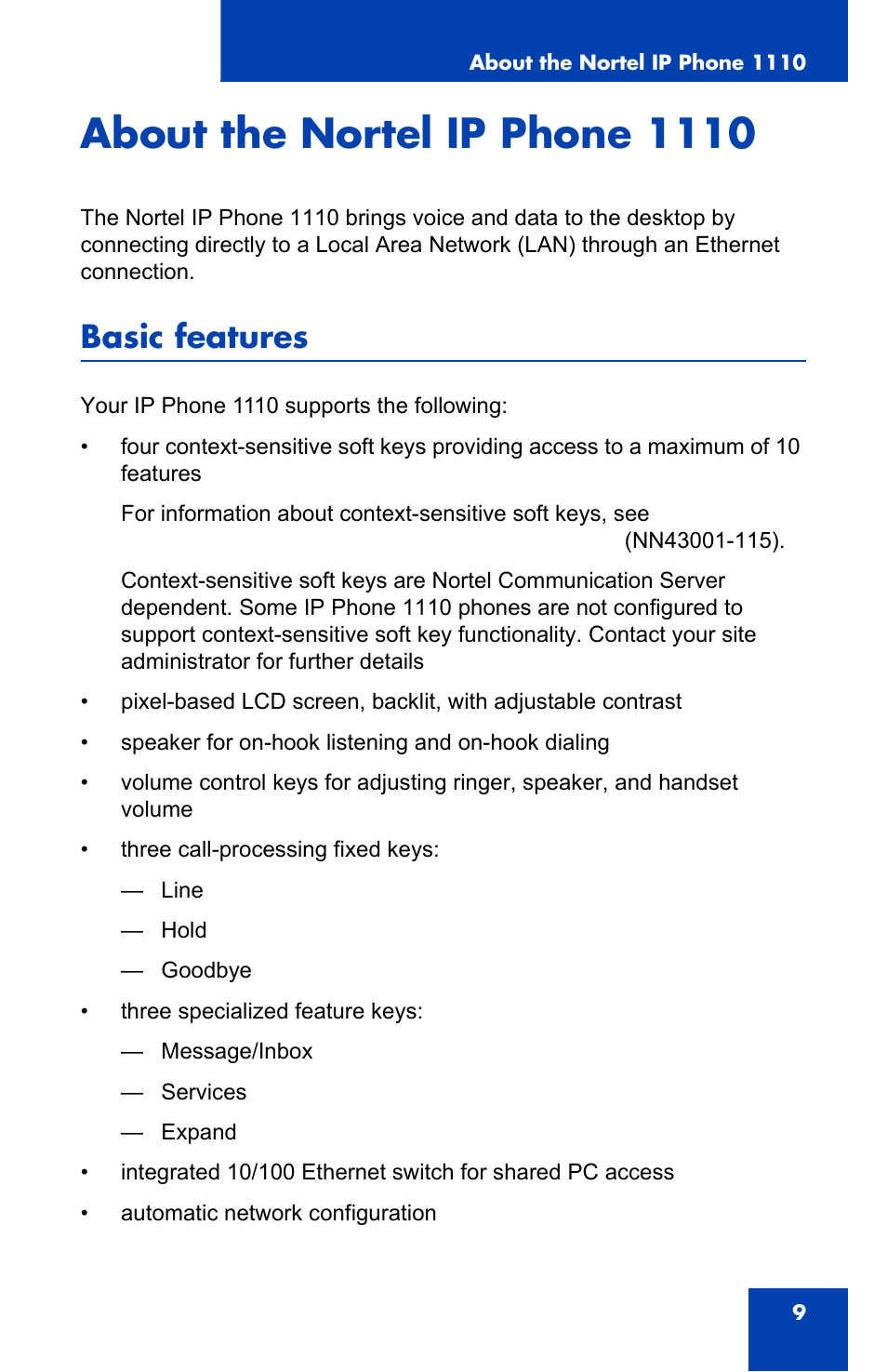 About the nortel ip phone 1110, Basic features | Nortel Networks NN43110-101 User Manual | Page 9 / 114