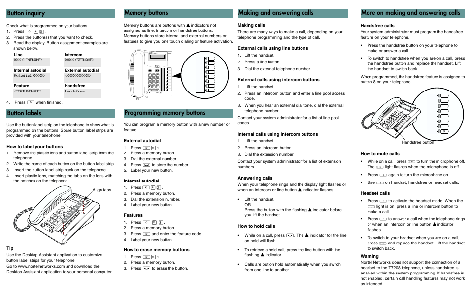 Button inquiry, Button labels, Making and answering calls | More on making and answering calls | Nortel Networks T7208 User Manual | Page 2 / 2