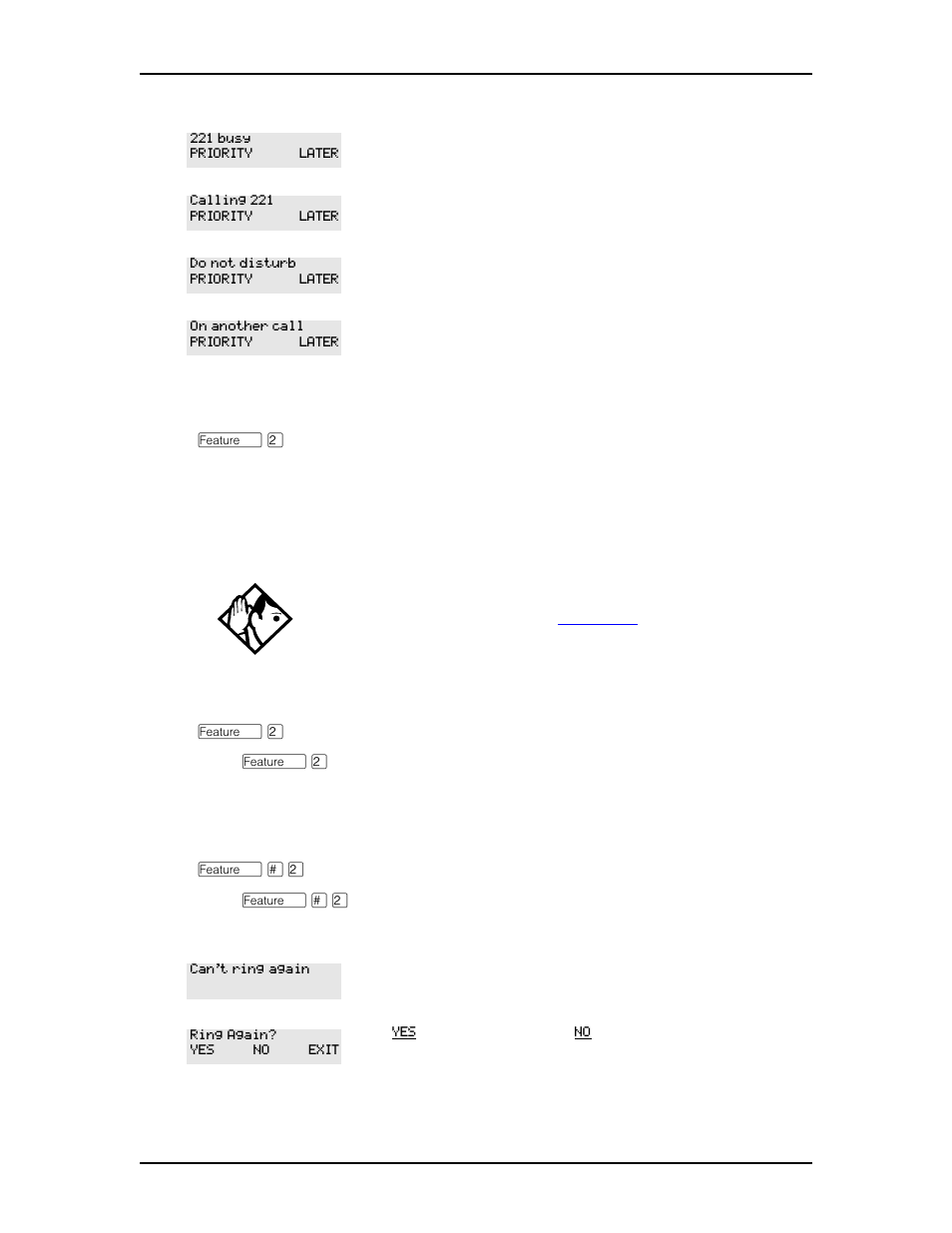 Using ring again, Turning on ring again, Canceling ring again | Nortel Networks M7410 User Manual | Page 37 / 148