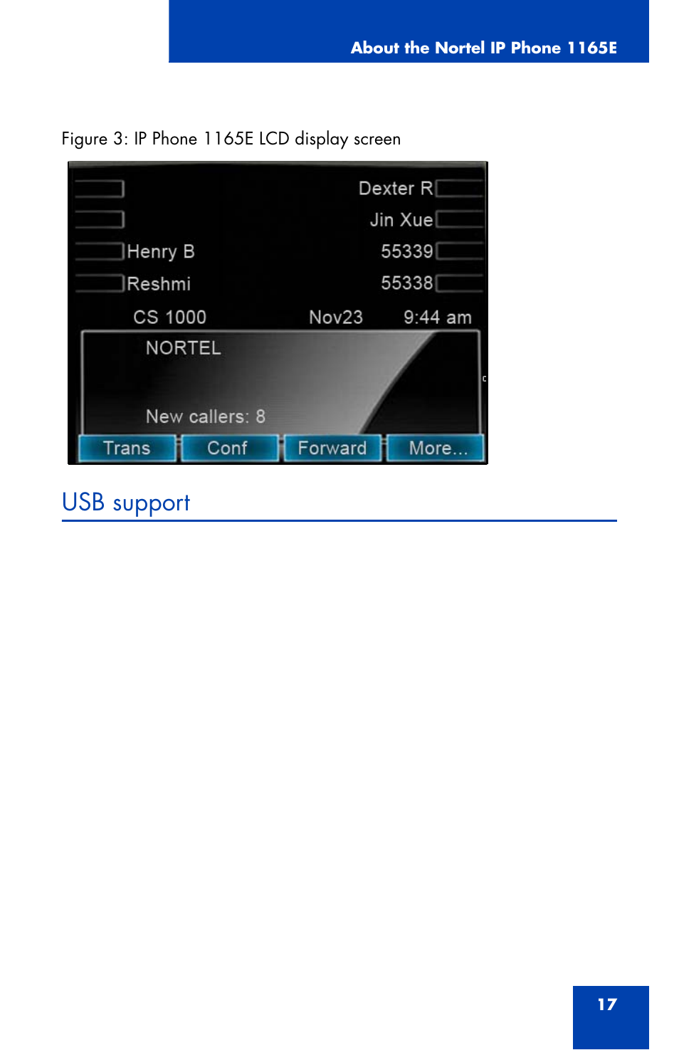 Usb support | Nortel Networks 1165E User Manual | Page 17 / 56