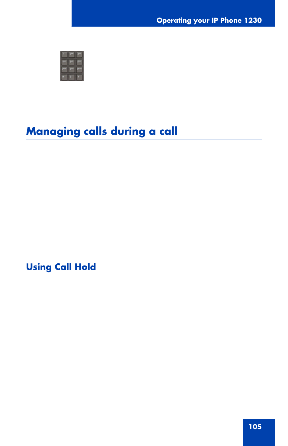 Managing calls during a call, Using call hold | Nortel Networks Nortel IP Phone 1230 User Manual | Page 105 / 166