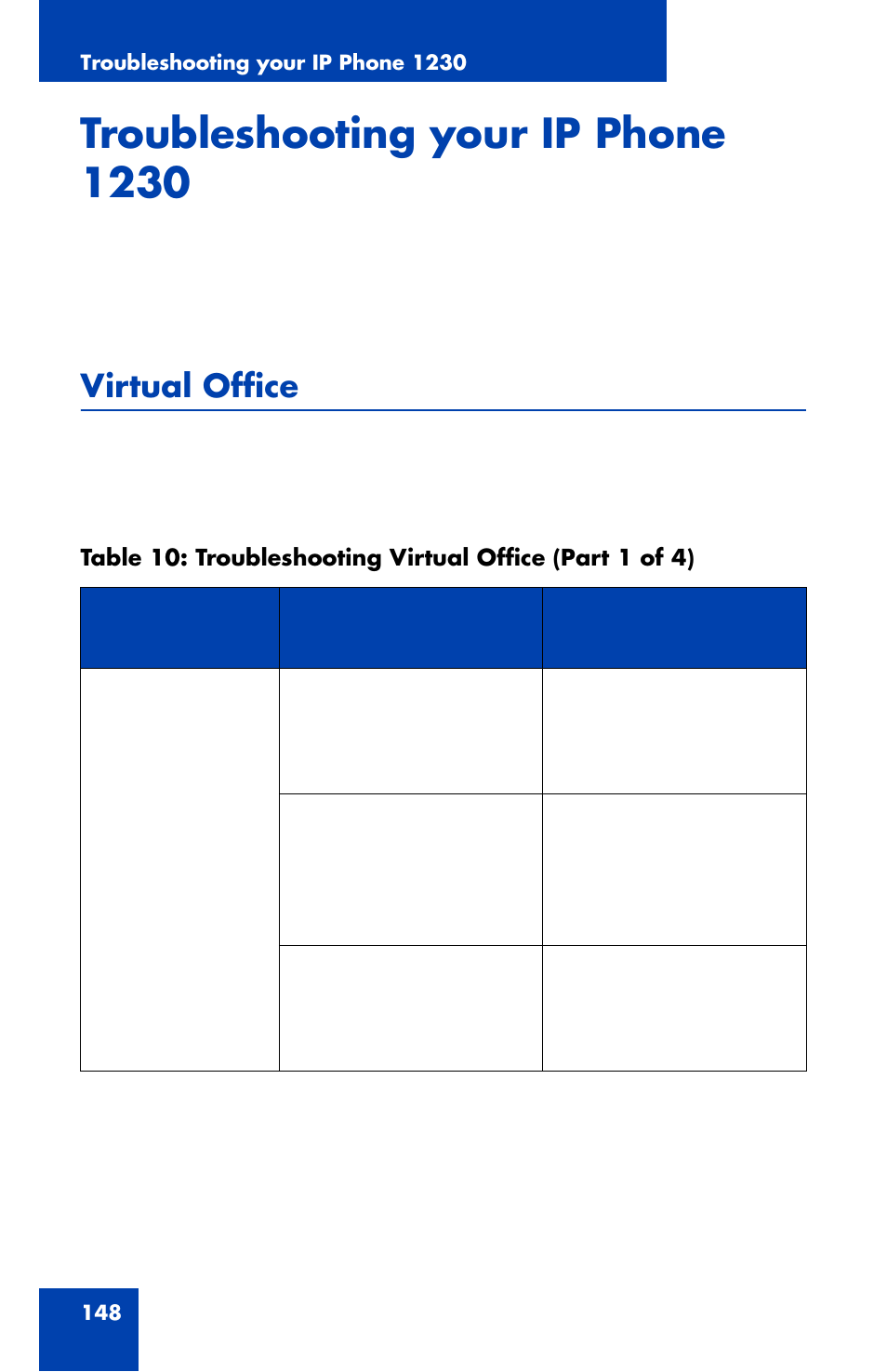 Troubleshooting your ip phone 1230, Virtual office | Nortel Networks Nortel IP Phone 1230 User Manual | Page 148 / 166