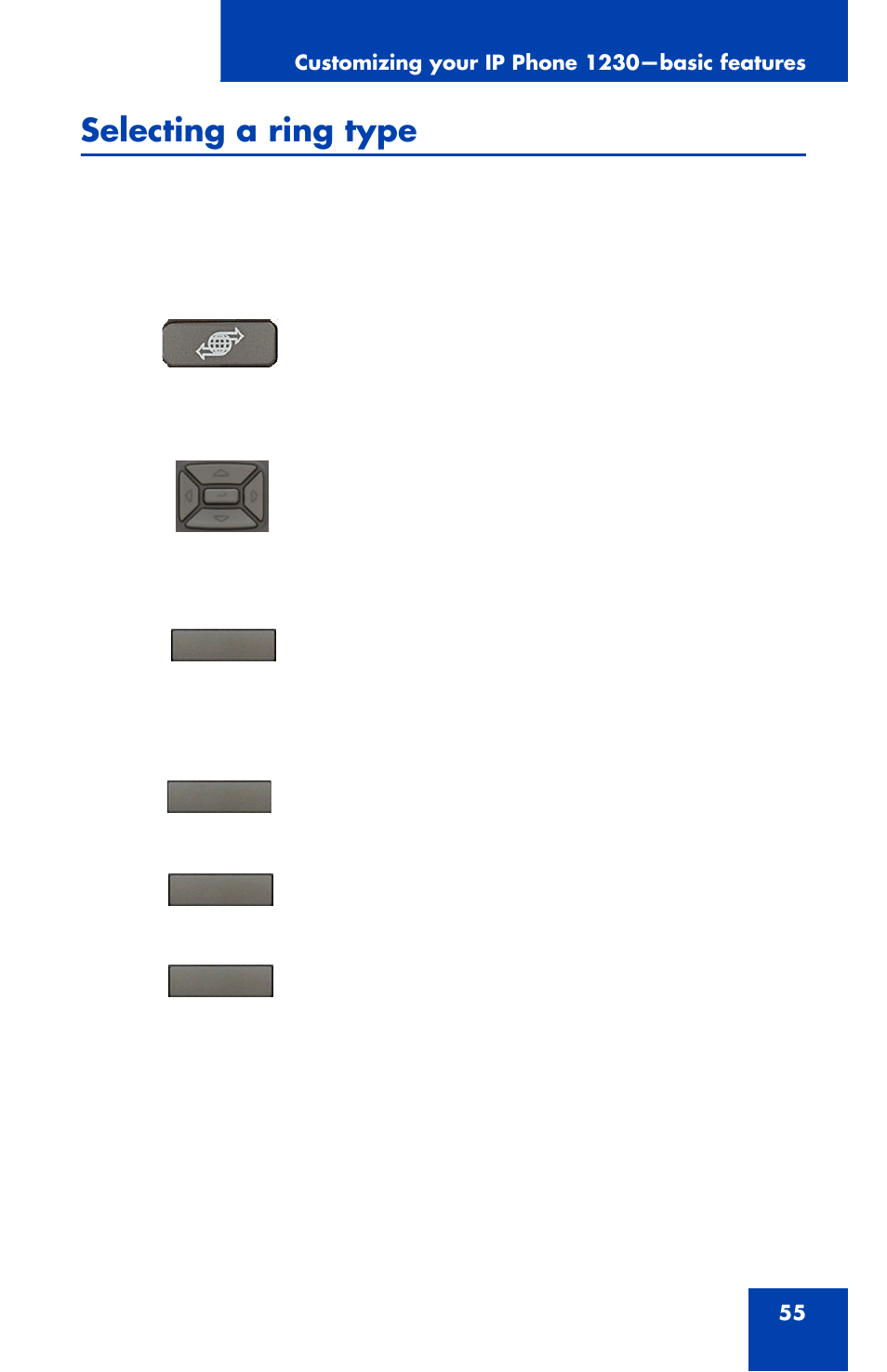 Selecting a ring type | Nortel Networks Nortel IP Phone 1230 User Manual | Page 55 / 166