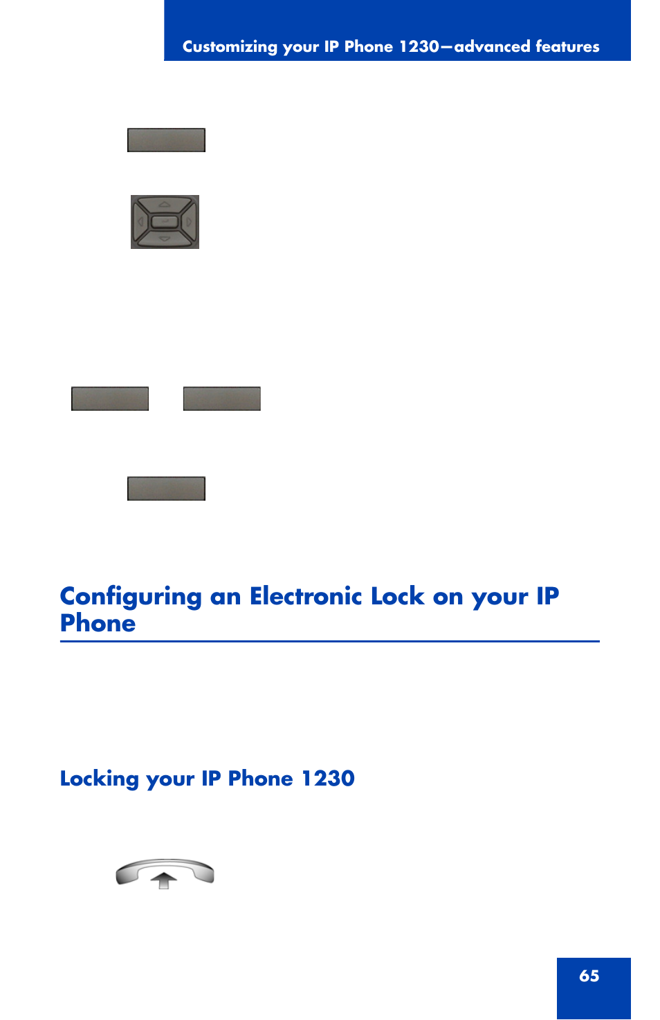 Configuring an electronic lock on your ip phone, Locking your ip phone 1230 | Nortel Networks Nortel IP Phone 1230 User Manual | Page 65 / 166