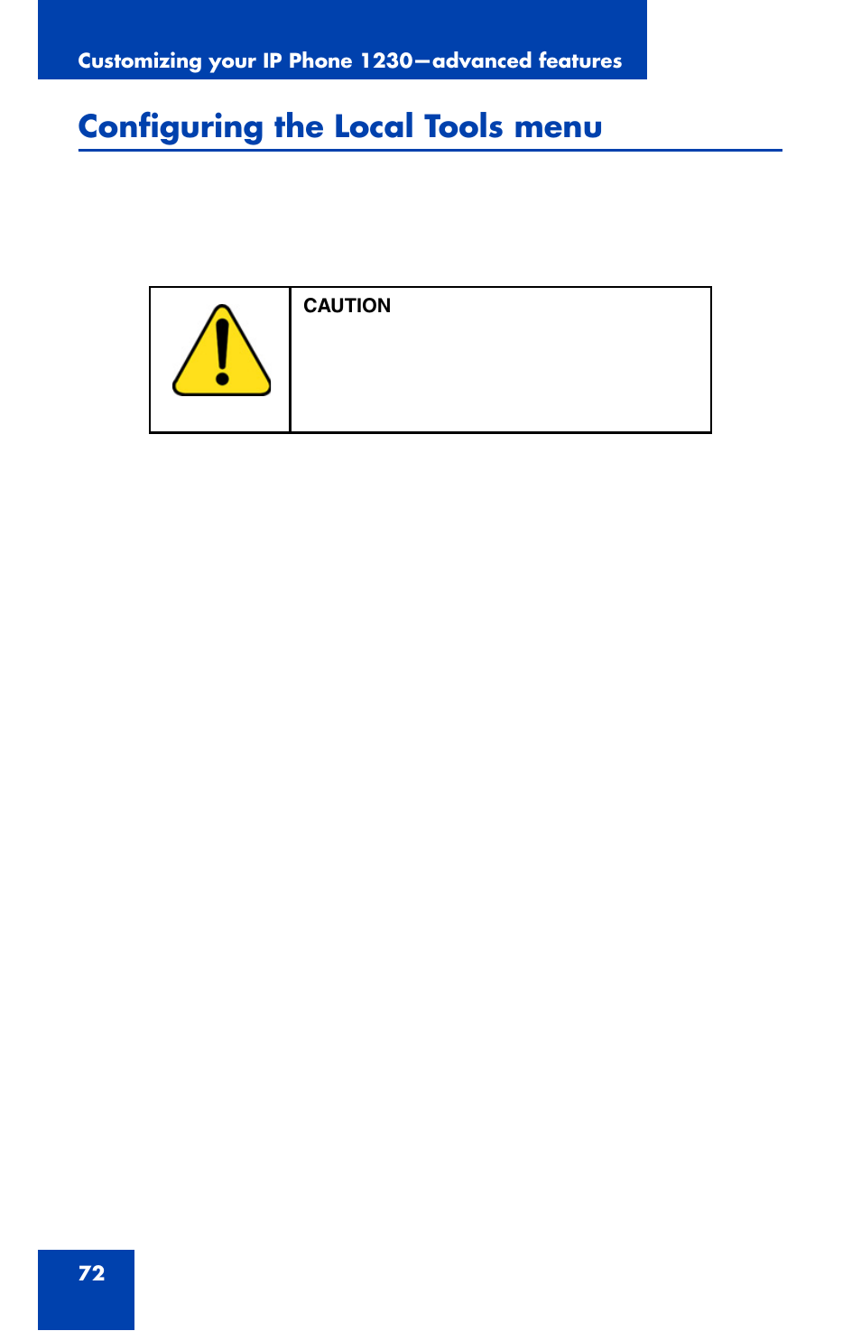 Configuring the local tools menu | Nortel Networks Nortel IP Phone 1230 User Manual | Page 72 / 166