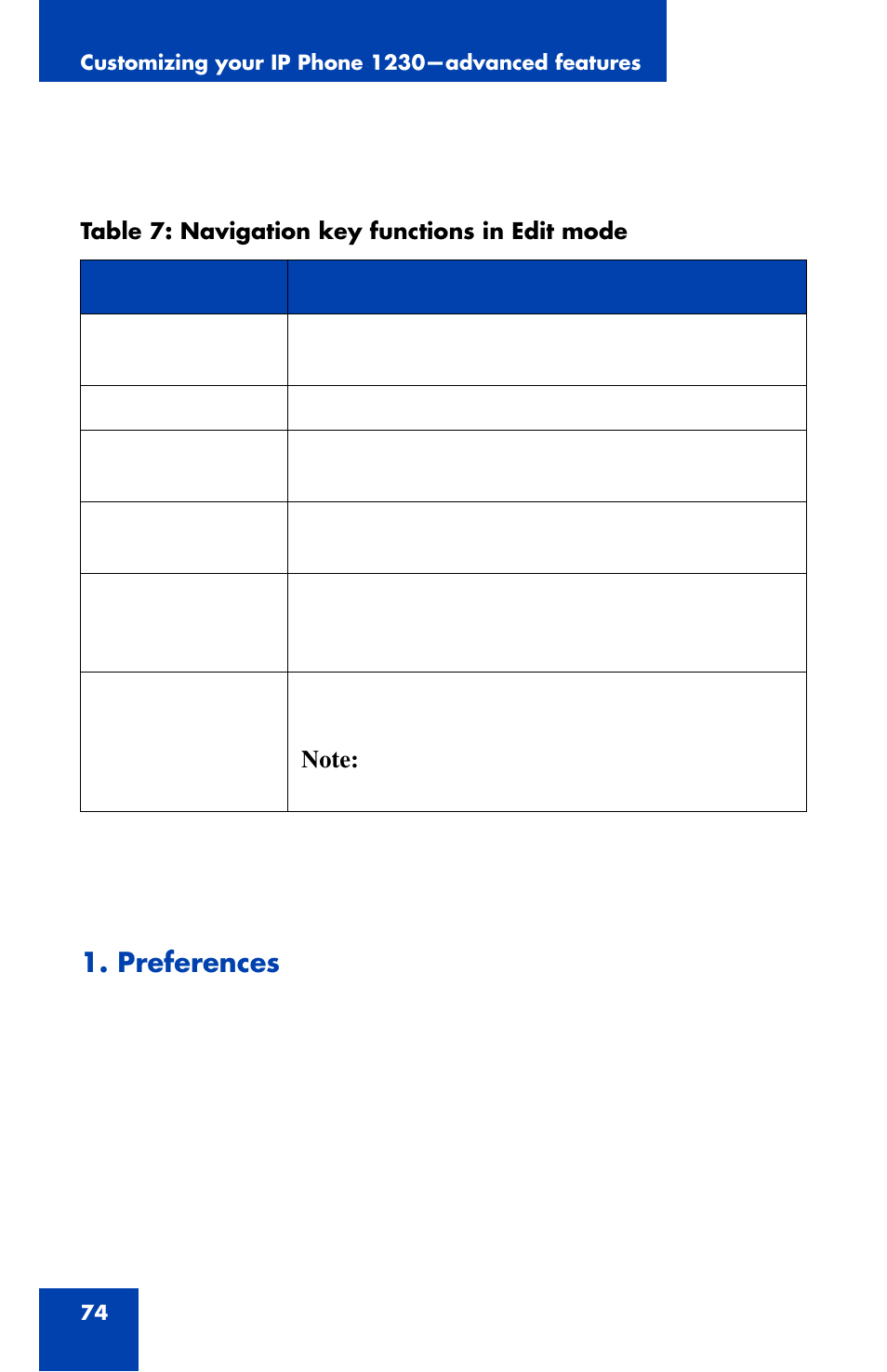 Preferences | Nortel Networks Nortel IP Phone 1230 User Manual | Page 74 / 166