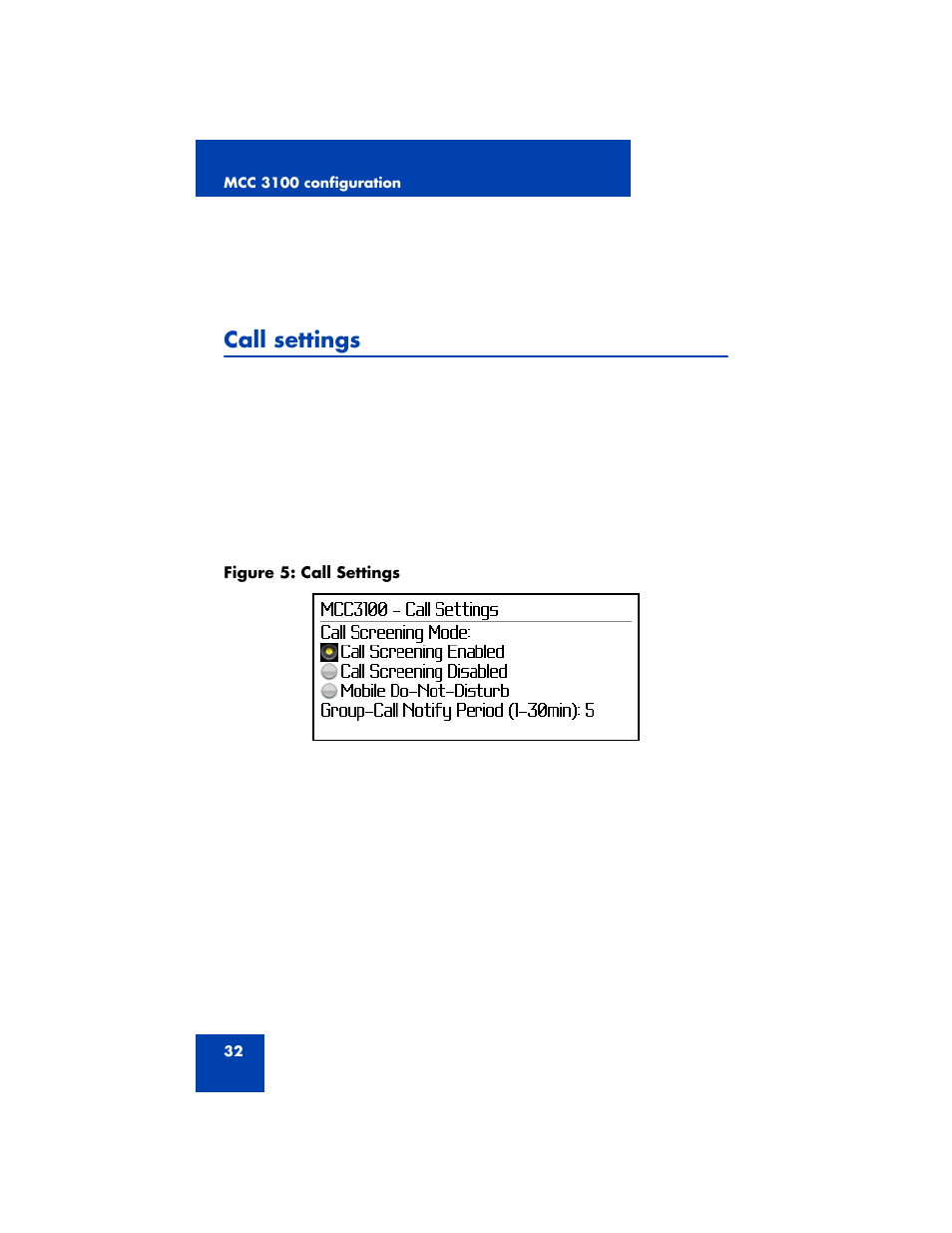 Call settings | Nortel Networks MCC 3100 User Manual | Page 32 / 78