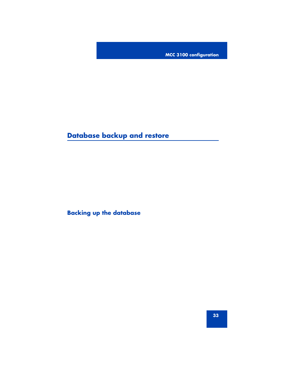 Database backup and restore, Backing up the database | Nortel Networks MCC 3100 User Manual | Page 33 / 78