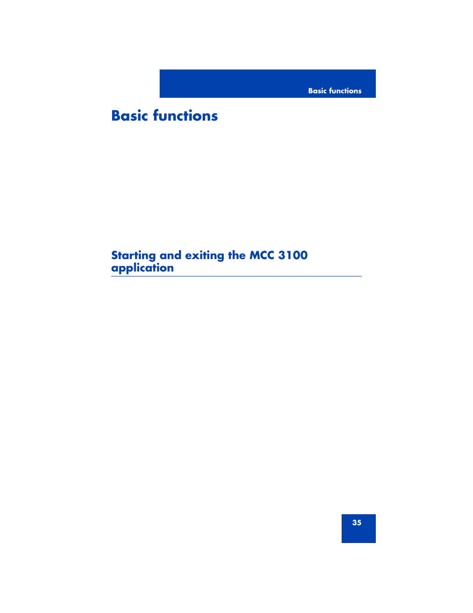 Basic functions, Starting and exiting the mcc 3100 application, Starting and exiting the mcc | Nortel Networks MCC 3100 User Manual | Page 35 / 78