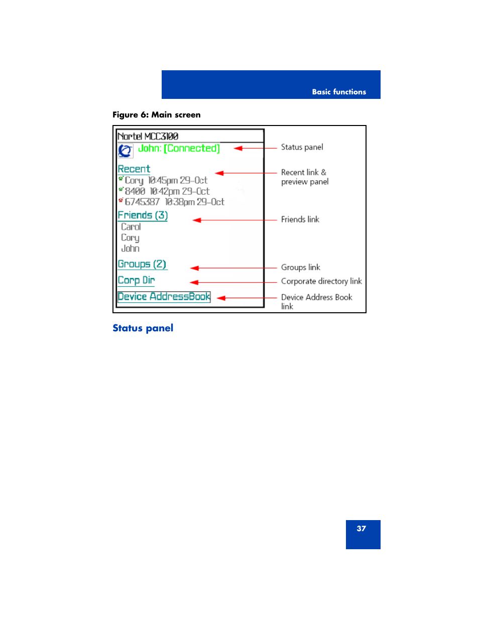 Status panel | Nortel Networks MCC 3100 User Manual | Page 37 / 78