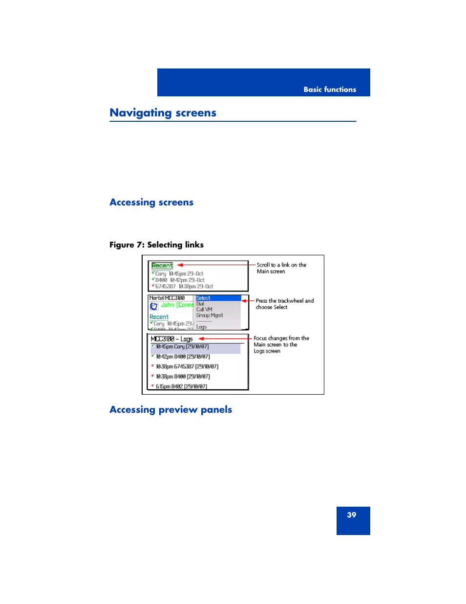 Navigating screens, Accessing screens, Accessing preview panels | Nortel Networks MCC 3100 User Manual | Page 39 / 78