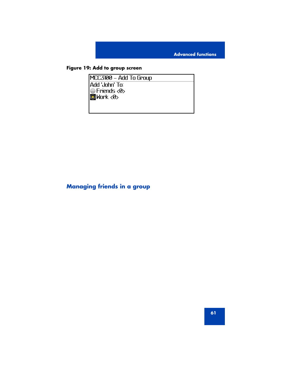 Managing friends in a group, Add to group screen” on | Nortel Networks MCC 3100 User Manual | Page 61 / 78