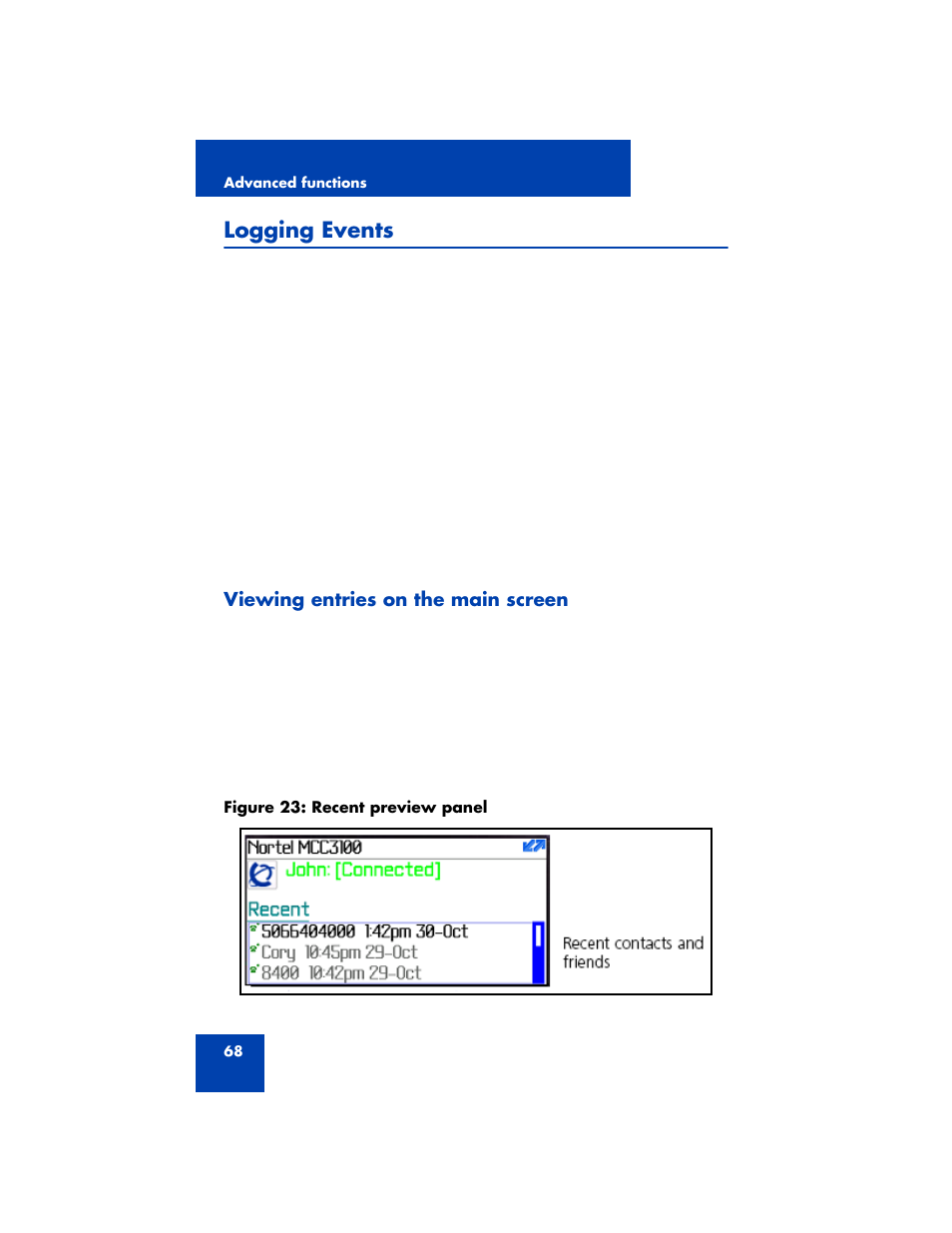 Logging events, Viewing entries on the main screen | Nortel Networks MCC 3100 User Manual | Page 68 / 78