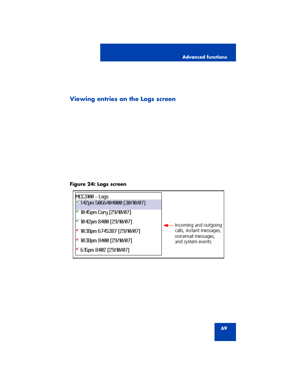 Viewing entries on the logs screen | Nortel Networks MCC 3100 User Manual | Page 69 / 78