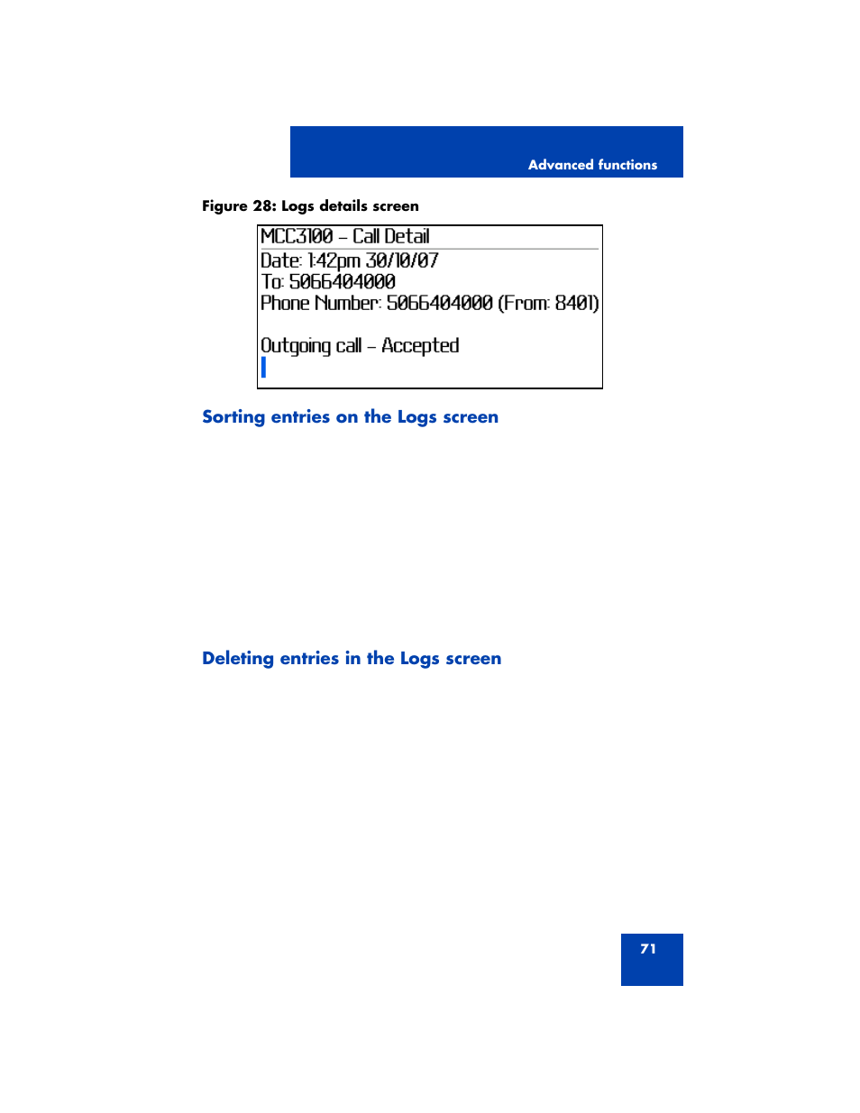 Sorting entries on the logs screen, Deleting entries in the logs screen | Nortel Networks MCC 3100 User Manual | Page 71 / 78