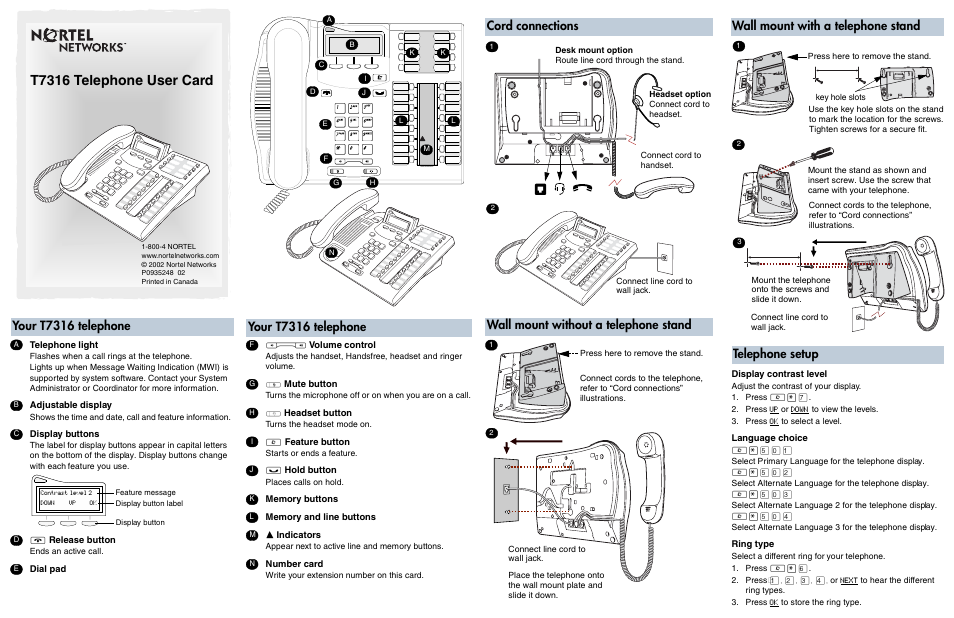 Nortel Networks T7316 User Manual | 2 pages