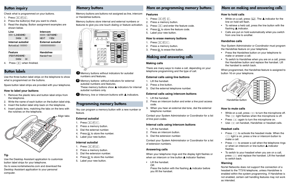 Button inquiry, Button labels, More on making and answering calls | Nortel Networks T7316 User Manual | Page 2 / 2