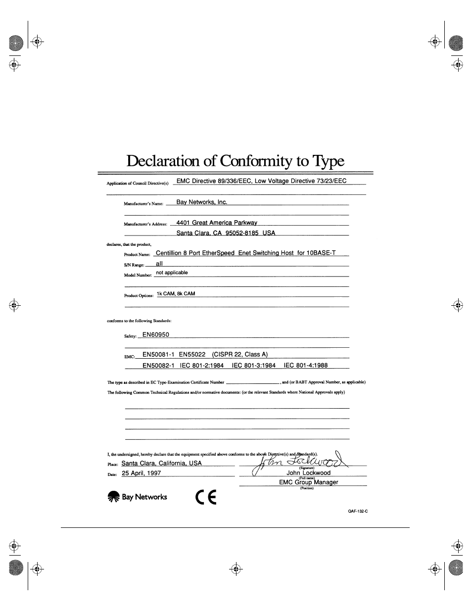 Declaration of conformity | Nortel Networks 10BASE-T User Manual | Page 8 / 9