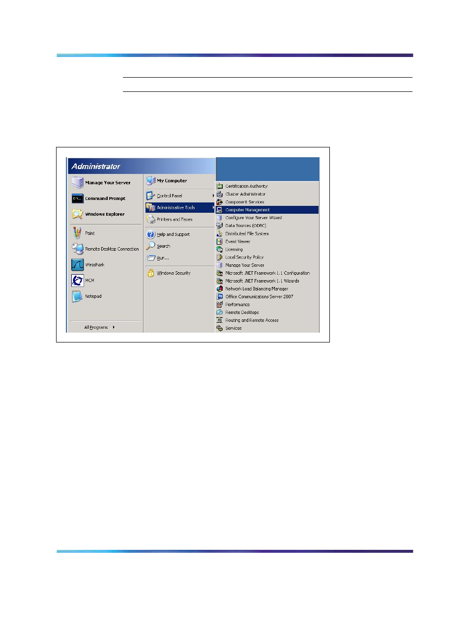 Figure 41 opening the computer management console, Procedure, Configuring host authorization for the ocs proxy | Nortel Networks NN43001-121 User Manual | Page 126 / 304