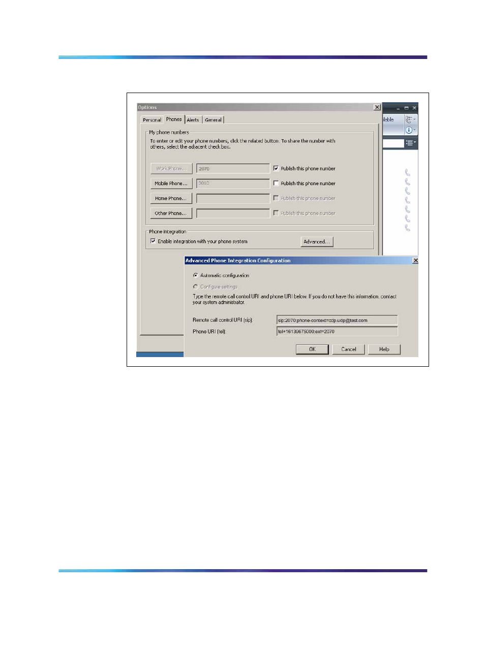 Telephony gateway and services configuration, Figure 53 enable phone integration on the client, Figure | Nortel Networks NN43001-121 User Manual | Page 150 / 304