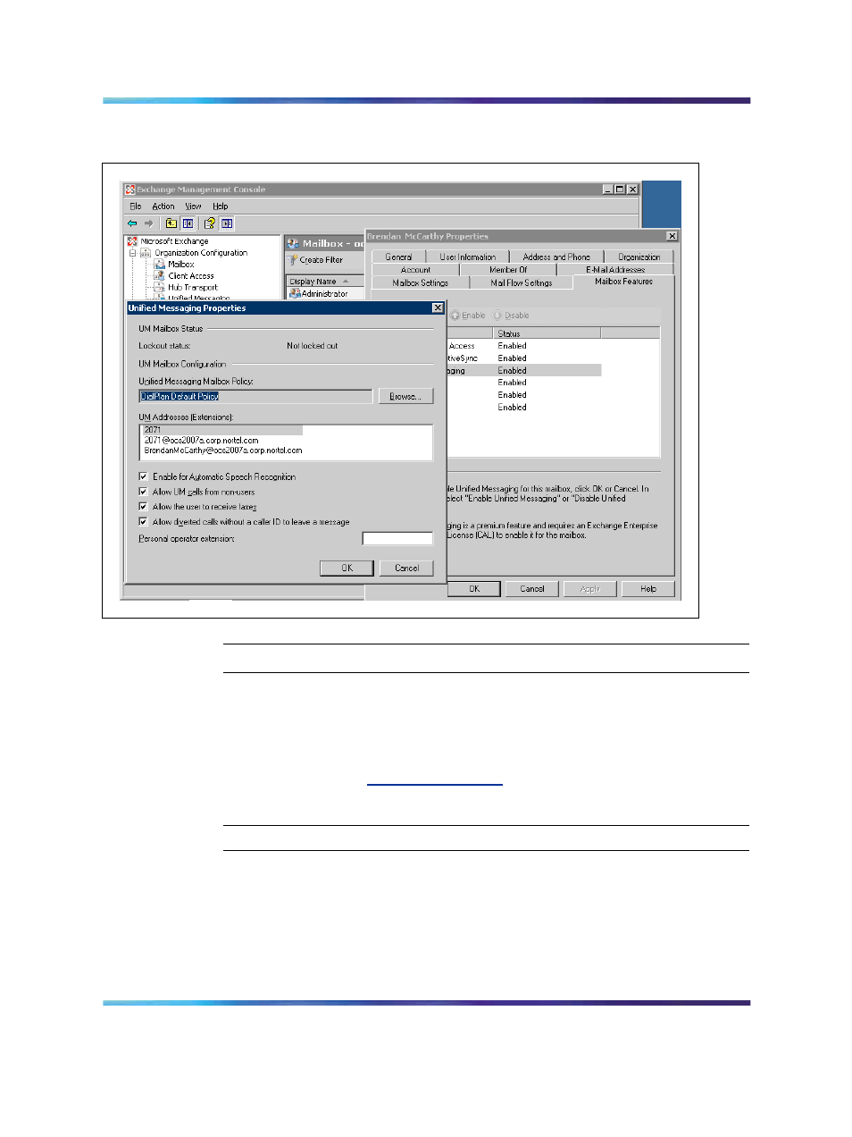 Option 2 adding cs 1000 dn as exchange um, Figure 80 unified messaging properties window, Procedure | Configuring a basic mailbox for the um user | Nortel Networks NN43001-121 User Manual | Page 203 / 304