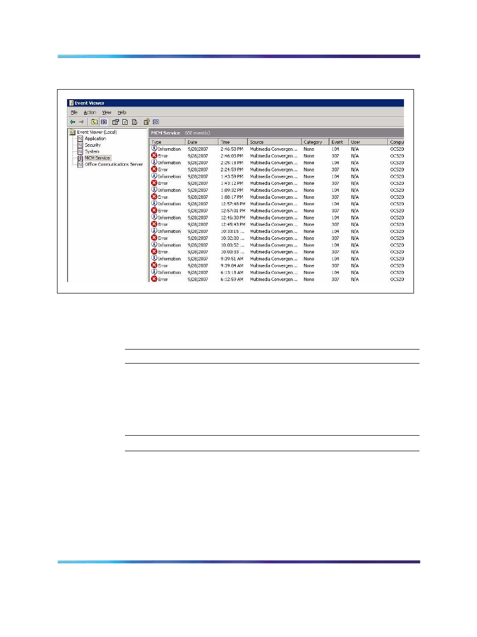 Ocs logs, Figure 90 event viewer window, Procedure | Resetting mcm debug trace | Nortel Networks NN43001-121 User Manual | Page 231 / 304