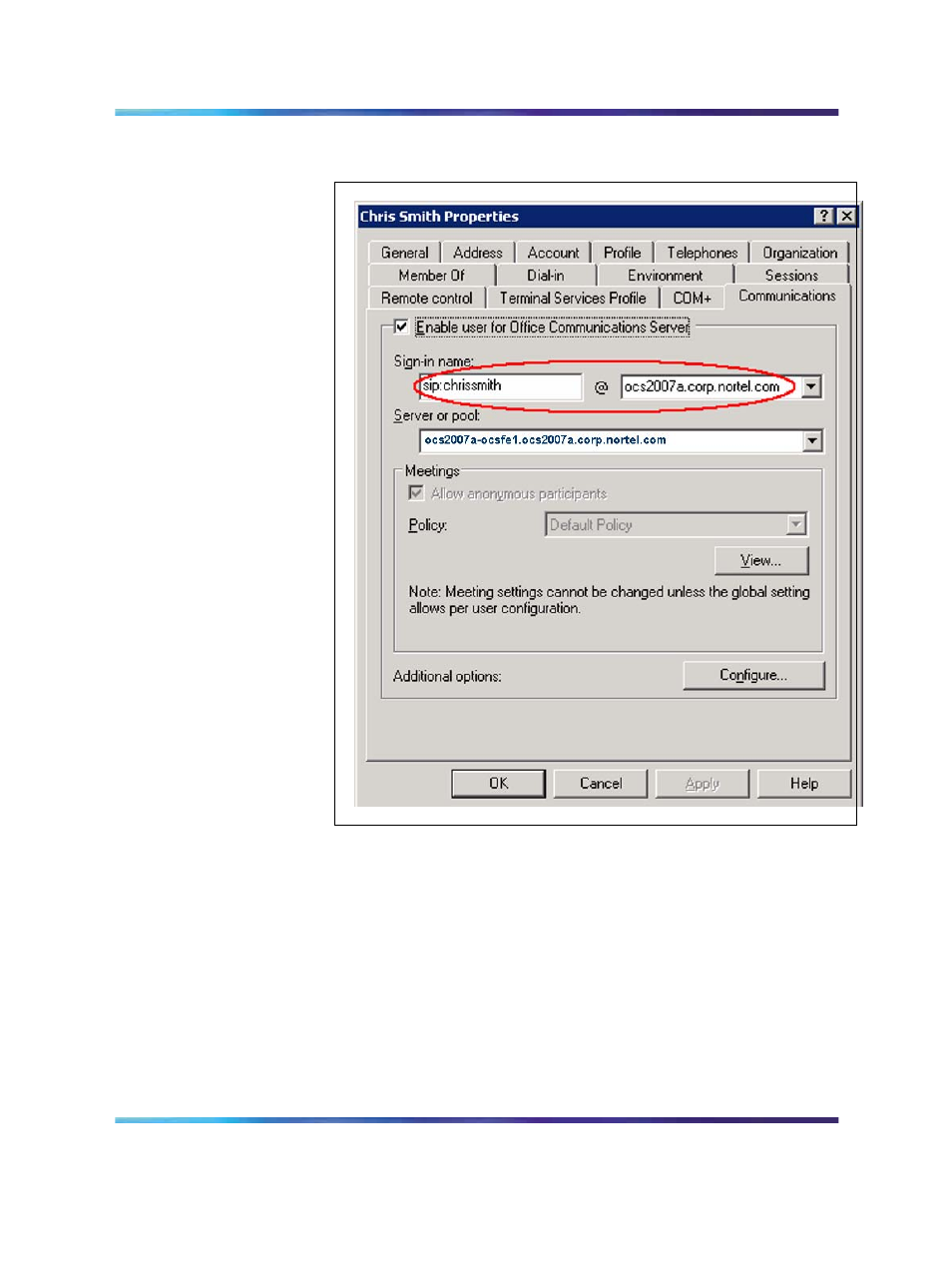 Figure 113 communications properties, Ensure the | Nortel Networks NN43001-121 User Manual | Page 271 / 304