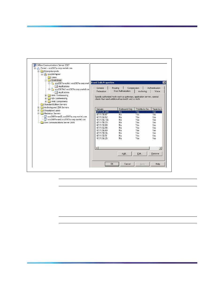 Routing, Figure 124 host authorization for front end server, Procedure | Checking that routing is correctly configured | Nortel Networks NN43001-121 User Manual | Page 284 / 304