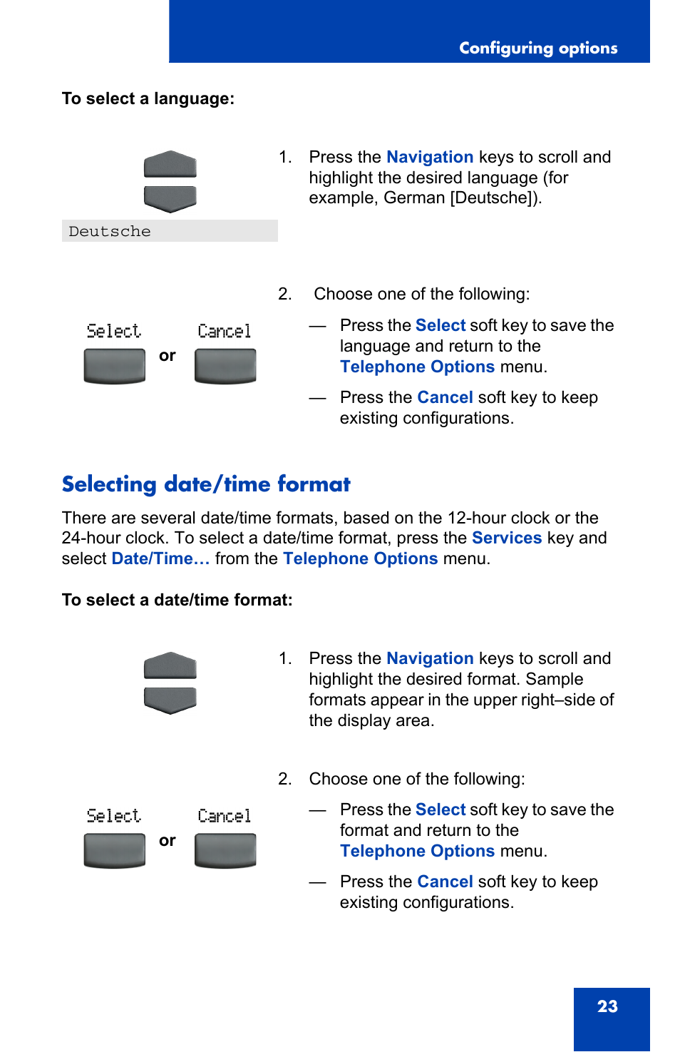 Selecting date/time format | Nortel Networks IP Phone 2001 User Manual | Page 23 / 88